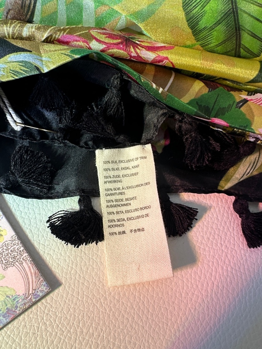 Johnny Was Amorina 100 Silk Scarf Tropical Floral Scarf-Yellow with Pink & Green - Picture 11 of 14